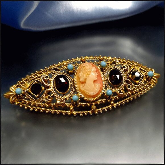 1950s Signed Florenza Ruby Crystal Antique Style Cameo Bar Pin SKU: 16949 - Picture 1 of 4